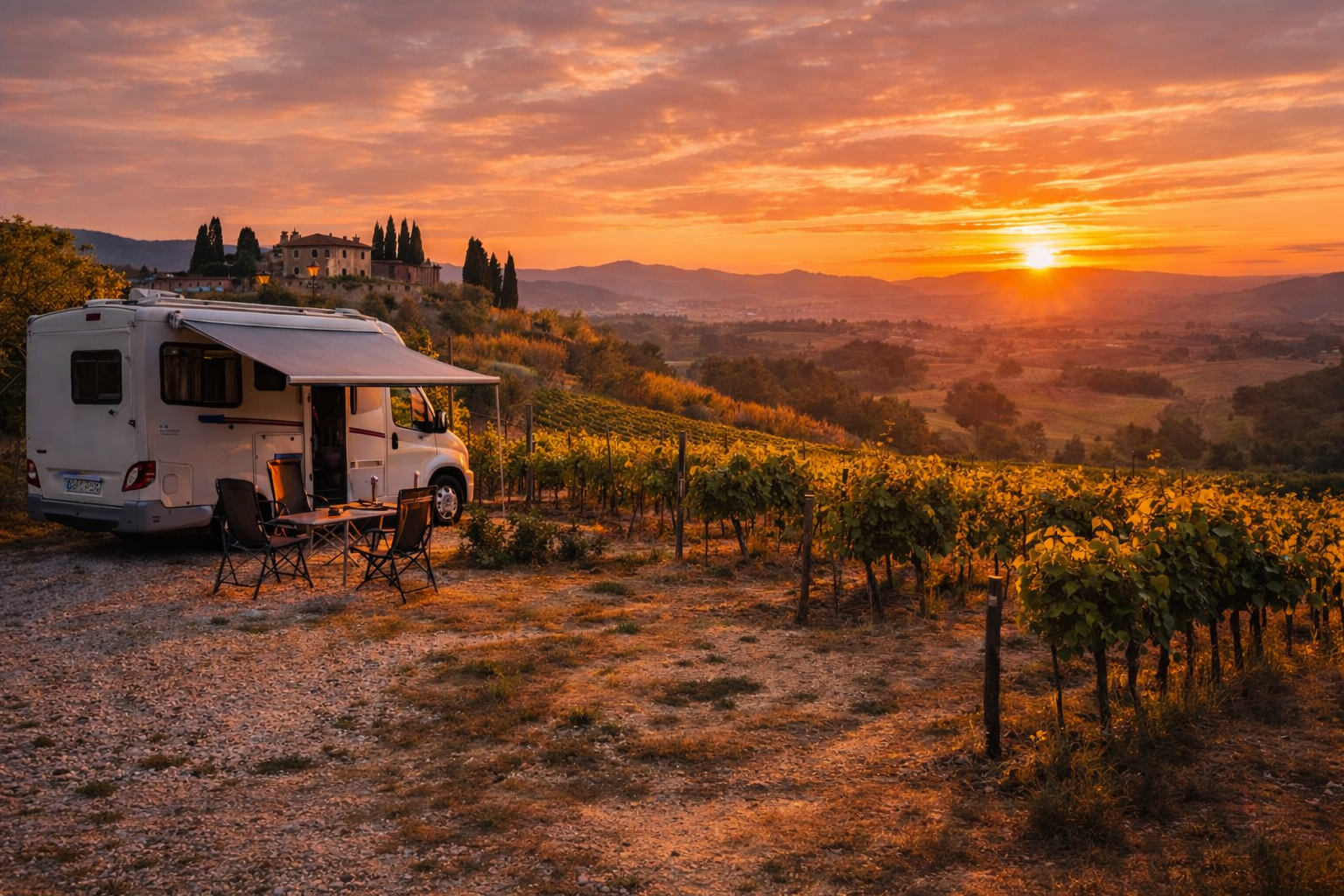 Camper parcheggiato nell’area sosta camper Siena tra vigneti toscani al tramonto in Valdichiana