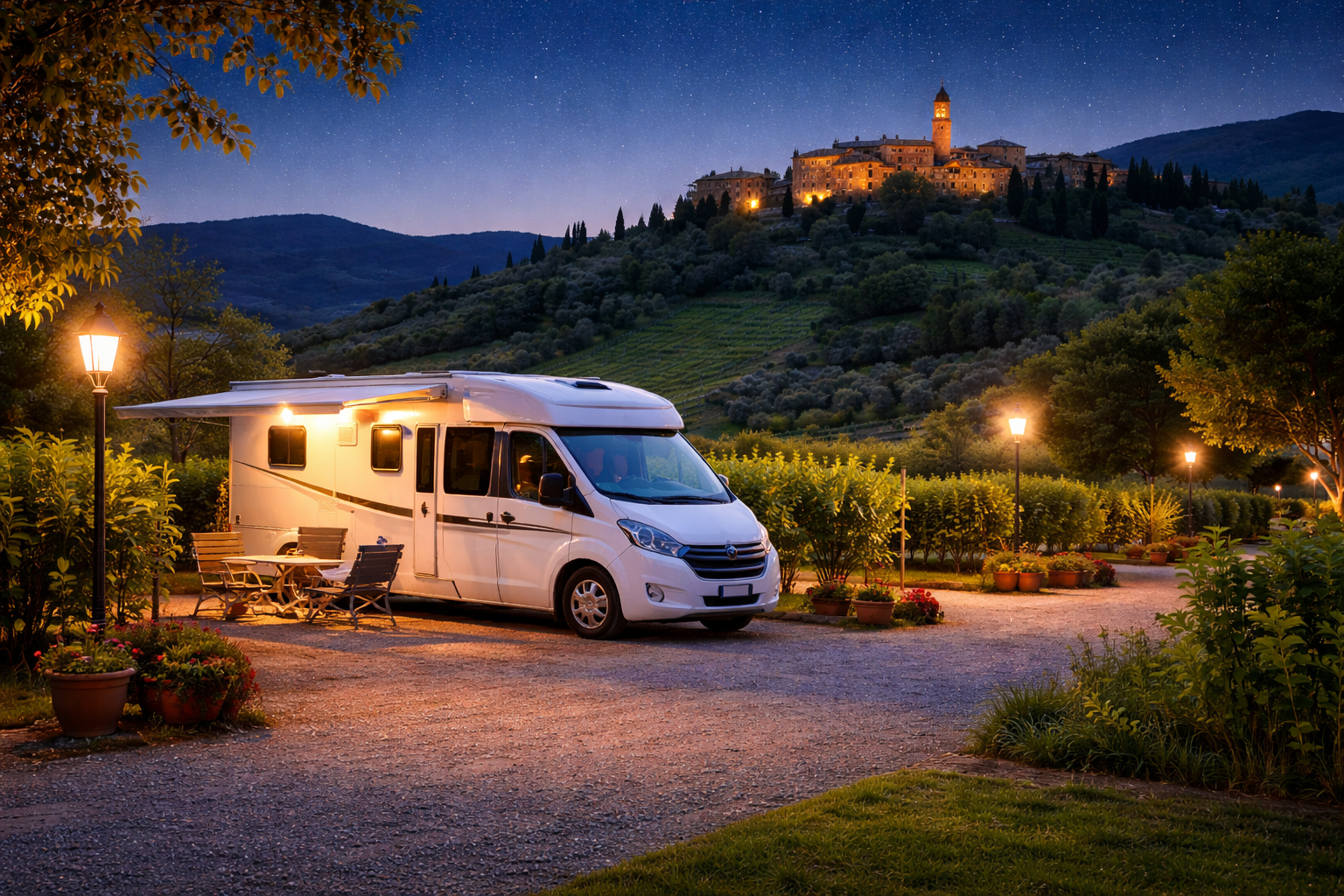 area attrezzata per camper in Valdichiana illuminata di sera