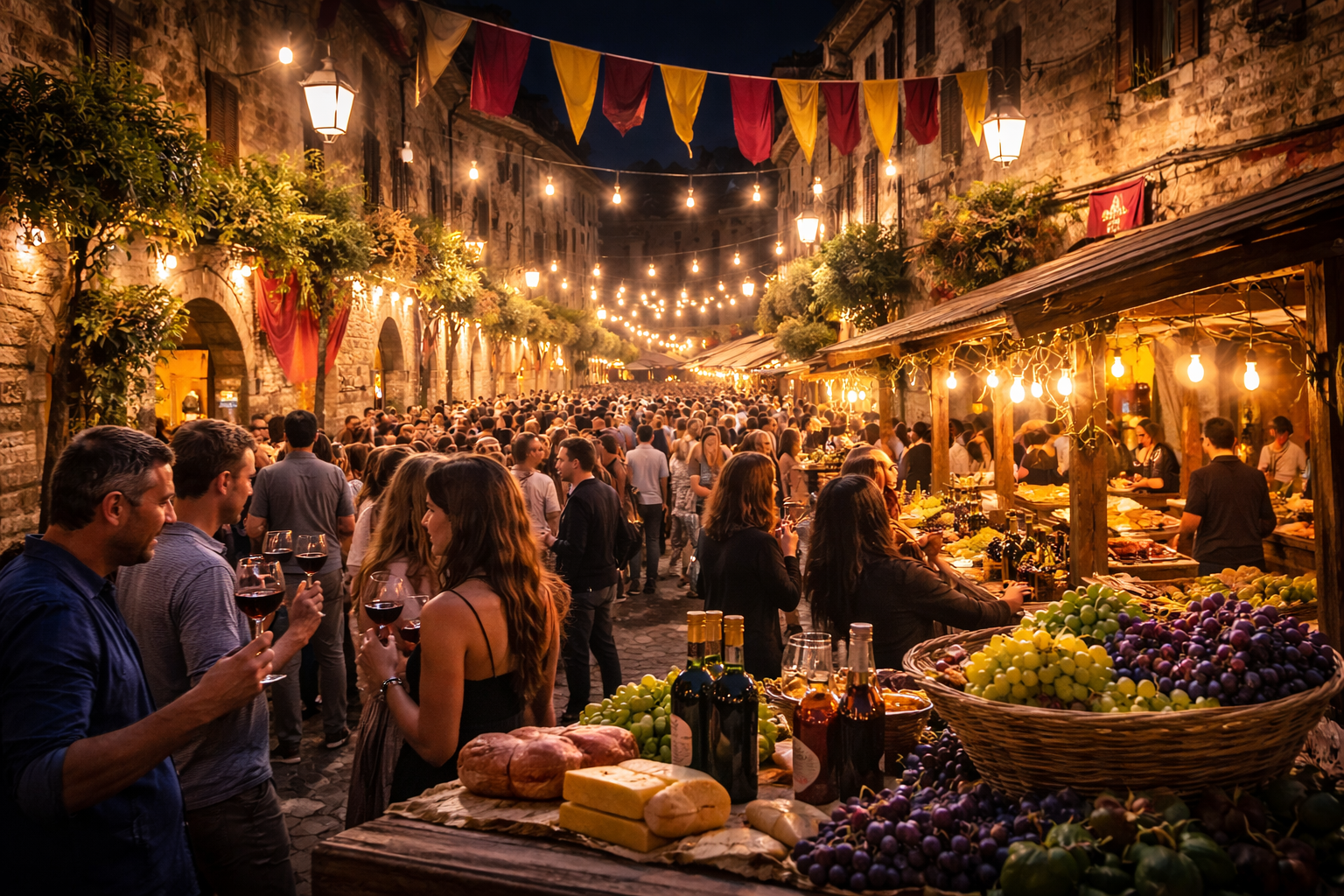 Festa Uva Chiusi nel centro storico illuminato di sera, con stand gastronomici, grappoli d’uva, vino toscano e folla durante l’evento enogastronomico in Toscana.
